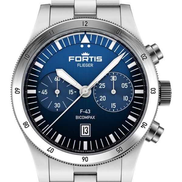 FORTIS Flieger F-43 Bicompax Liberty Blue auf Block Bracelet F4240012