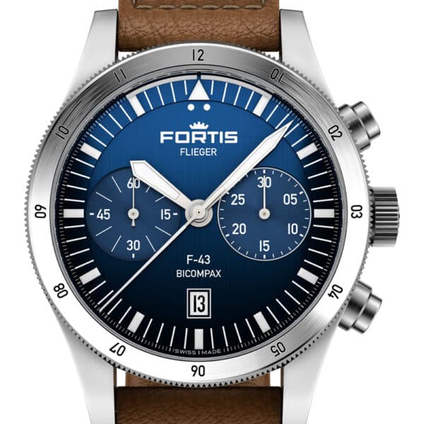 FORTIS Flieger F-43 Bicompax Liberty Blue auf Teak Brown Aviator Strap F4240013