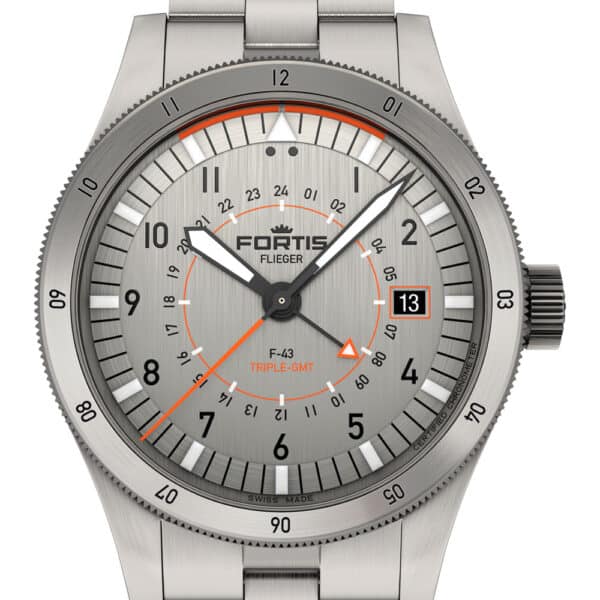 FORTIS Flieger F-43 Triple-GMT Titanium Orange auf Block Bracelet F4260002