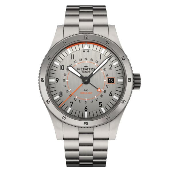 FORTIS Flieger F-43 Triple-GMT Titanium Orange auf Block Bracelet F4260002