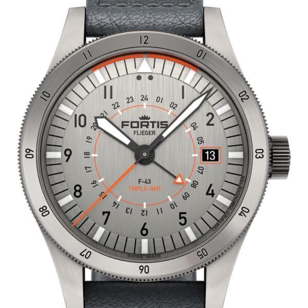 FORTIS Flieger F-43 Triple-GMT Titanium Orange auf Indigo Aviator Strap F4260003