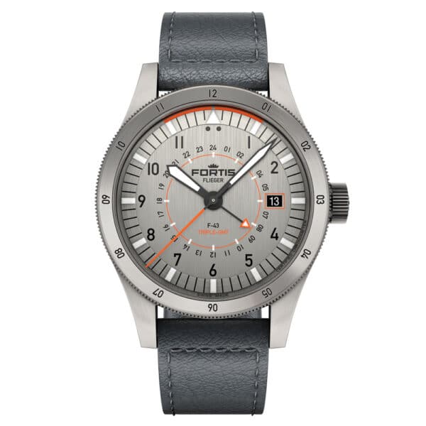 FORTIS Flieger F-43 Triple-GMT Titanium Orange auf Indigo Aviator Strap F4260003